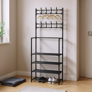 Myrva Étagère multifonction 3-en-1 avec porte-vêtements, organisateur d'entrée en métal sur pied, cinq niveaux, style minimaliste - Product Image 2