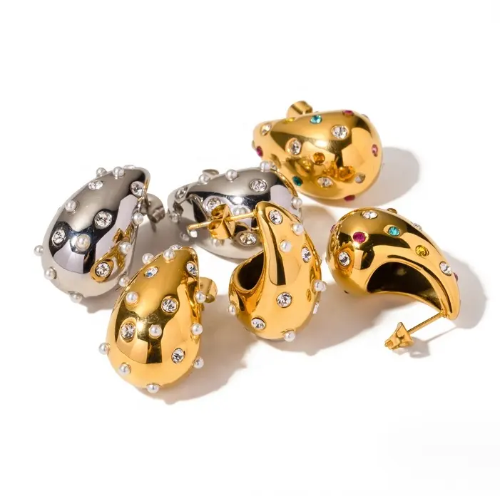 2023 geometrico Chunky Hoops gioielli 18K oro impermeabile Non appannamento CZ Zirconia perla dichiarazione orecchino grande