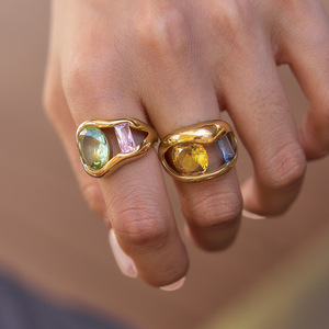 Modern 18K <b>Gold</b> Plated <b>Cocktail</b> <b>Ring</b> With Natural Peridot And Oval Gemstone Geometric Design Unisex Party Jewelry - Product Image 3