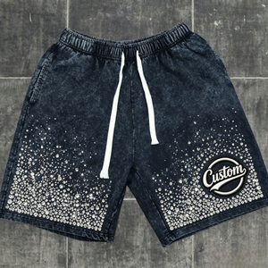 Custom Acid Wash Sweat Rhinestone Mid Waist Drawstring Closure Eco-Friendly Breathable Anti-Wrinkle Shorts Distressed Men - Product Image 1