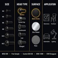 Vis à tête fraisée Allen M4 M5 M6 M8 M10 M12, vis à tête ronde à six pans creux ISO 7380, acier au carbone de grade 10.9, oxyde noir
