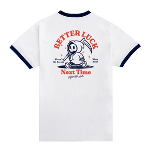 T-shirt Better Luck Next Time bianca con bordi blu navy, design grafico, abbigliamento promozionale - Product Image 2
