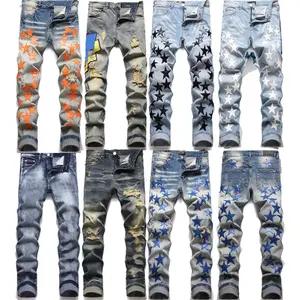 OEM marcas famosas diseñador personalizado para hombre rasgado skinny stretch jeans hombre hip hop mens amirys jeans