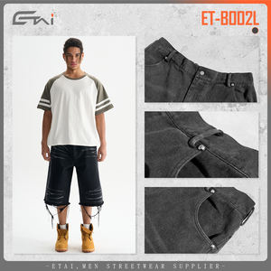 Personnalisé 100% Coton Garçons Recadrée Jorts Lâche Jambe Droite <span class=keywords><strong>Noir</strong></span> Soleil Délavé Lavé Bord Brut Denim Shorts Baggy Streetwear Été - Product Image 2