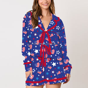 Summer Independence Day Red Blue Bow Ribbon Print Long Sleeve Shirt <strong>Shorts</strong> Pajama Set Women - Product Image 6