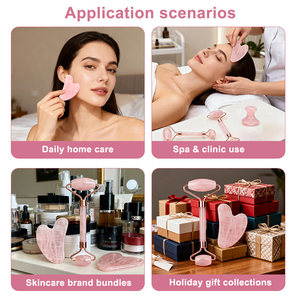 Set de 3 en 1 de Máscara de Ojos de Cuarzo Rosa al por Mayor, Masajeador de Ojos de Piedra Natural de Jade, Rodillo de Jade y Gua Sha para Masaje Facial - Product Image 2