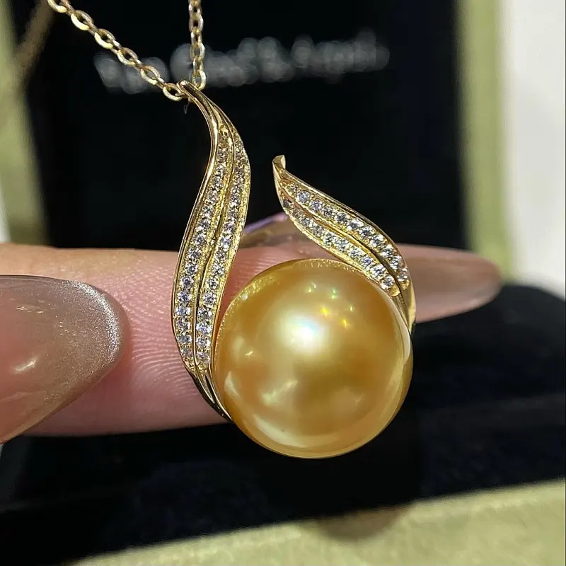 Round South Ocean gold Pearl Natural sea Pearl pendant necklace High quality bright light 13-14mm18k gold natural pearl necklace