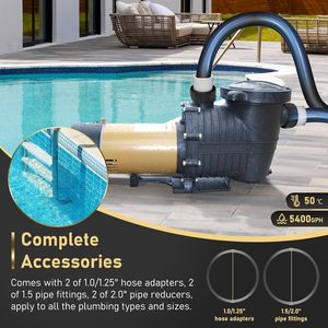 Máy BƠM BỂ BƠI tự mồi tiết kiệm năng lượng 2.0HP cho bể bơi trong/trên mặt đất 6600 GPH hai tốc độ với bộ điều hợp <span class=keywords><strong>1</strong></span>.25 \ "<span class=keywords><strong>1</strong></span>.<span class=keywords><strong>5</strong></span> \" 2.0 \" - Product Image 4