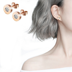 <b>Stud</b> <b>Earrings</b> 8mm Roman Numeral Round Stainless Steel With Diamond Zircon Bezel Setting Rose Gold Silver Gold Couple Gift - Product Image 2