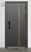 Porte d'entrée moderne antivol en acier courbé, noir et marron contrastés, à panneau unique, pour appartement, villa, maison, hôtel