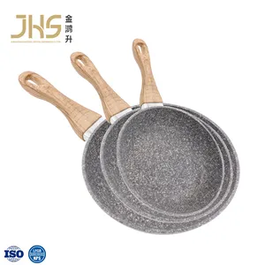 Marble coating aluminum frypan set non stick cooking chicken frying pan with wood handle