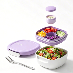 Bol à salade rond en plastique portable 1500 ml 50 oz, récipient alimentaire compatible micro-ondes, boîte à lunch pour adulte, préparation de repas à la salle de sport, régime riche en protéines - Product Image 1