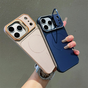 Coque de téléphone magnétique sans cadre en fibre de carbone avec anneau métallique pour appareil photo et béquille intégrée pour iPhone 18 Pro Max 17 16 15 14 13 - Product Image 1