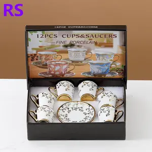 Conjunto de xícara de café de porcelana criativa e requintada, 12 peças, xícara e pires de luxo exclusivo, conjunto de xícara de chá leve