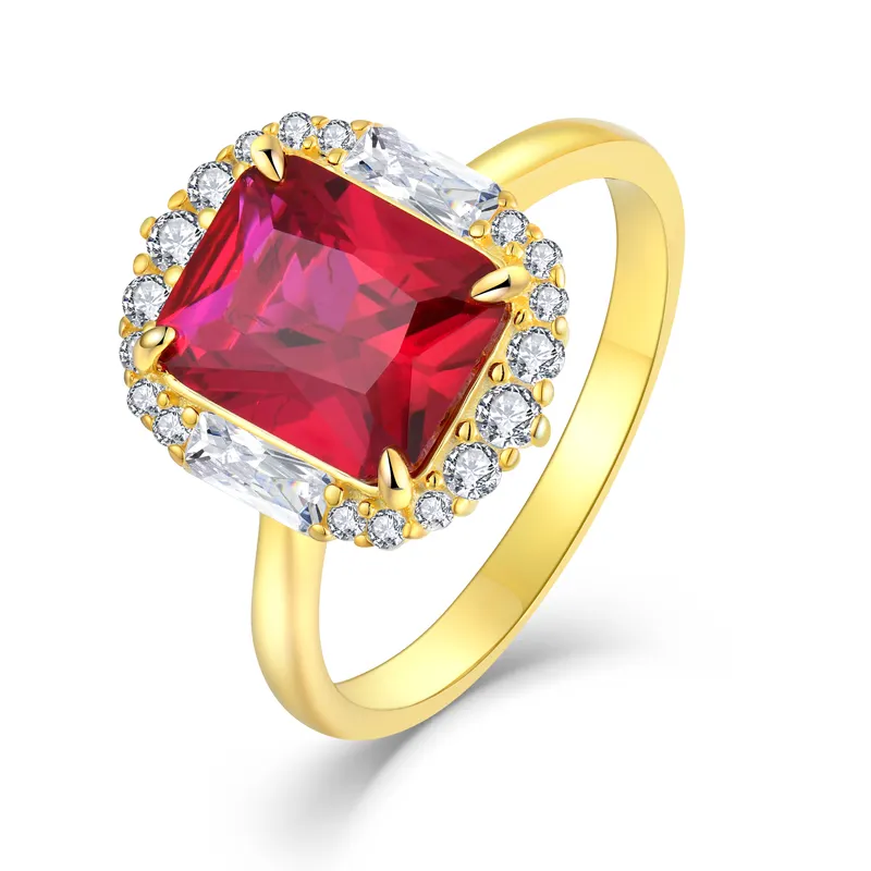 Cincin pertunangan emas 14k 18K 24k perhiasan batu permata merah pernikahan kustom cincin Rubi persegi panjang berlapis emas kuning