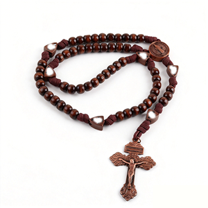 Collana Personalizzata con Perline <span class=keywords><strong>in</strong></span> Legno da 10MM, Rosario Cattolico di San Benedetto con Crocifisso e Croce - Product Image 3