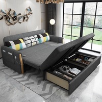 Canapé-lit convertible en tissu avec rangement escamotable multifonctionnel, gris, avec poches latérales et ports USB, pour salon