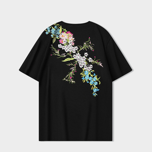 Camiseta Negra para Hombre con Bordado Floral, 100% Algodón, Cuello Redondo, Manga Corta, Estilo Casual Urbano, Logotipo Personalizado - Product Image 1