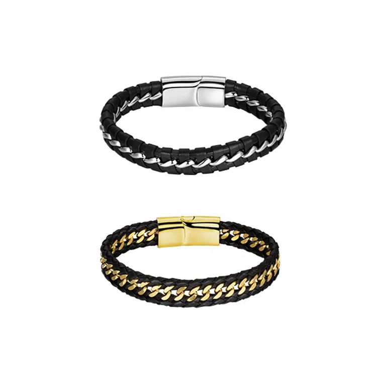 Dr. Jewelry Fashion Black Braided Twisted Leather Steel Cuban Curb Link Chain Magnetic Clasp Men Leather Wrist Bracelet