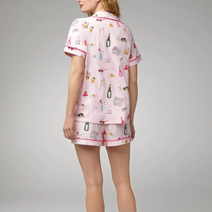 Customized ODM Bamboo Knitted Solid Sleepwear <strong>Set</strong> Women's <strong>Breakfast</strong> Digital Printed Short Sleeved Button Top Shorts Elastic - Product Image 1