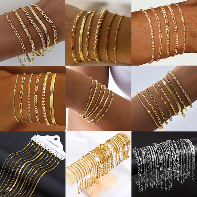 No Fading Stainless Steel 18K Gold Plated Geometry Stacked Basic Necklace Bracelets Waterproof Hypoallergenic Women Jewelry