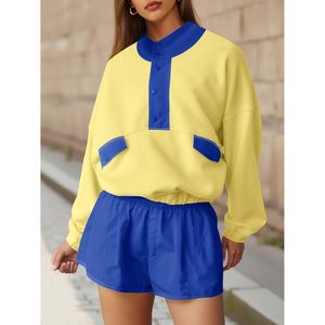 Conjunto Deportivo de 2 Piezas para Mujer, Sudadera con Bloques de Color y Pantalones Cortos, Atuendo Casual de Otoño, Manga Larga, Diseño Transpirable - Product Image 2