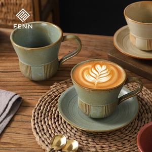 Tasse à café et soucoupe en céramique rétro vintage FENN, forme de corne unique, poterie en argile, tasse à café <span class=keywords><strong>latte</strong></span>, tasse japonaise faite à la main pour café - Product Image 3