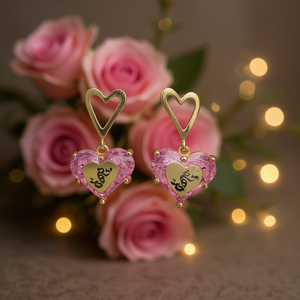 ต่างหูรูปหัวใจสีทองพร้อมกรอบคริสตัลสีชมพูสำหรับผู้หญิงน่ารักใส่ได้ทุกวันเครื่องประดับทองคำ18K - Product Image 2