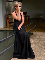 Robe longue trapèze décontractée pour femme en coton et lin, col U noir, coupe régulière, style rétro élégant, tenue décontractée européenne et américaine