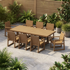 Ensemble de salle à manger d'extérieur en teck massif de qualité supérieure, table rectangulaire de patio avec 8 chaises à base de traîneau - Product Image 2