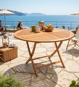 High Quality Modern Teak Round <b>Folding</b> Table Jepara Artisans Delivering Strong Weather Resistant Design Patio Garden Picnic Use - Product Image 2