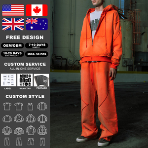 Ensemble streetwear KIingSen de haute qualité en molleton 100 % coton, respirant, délavé à l'acide, effet soleil, avec sweat à capuche zippé et pantalon de survêtement pour homme - Product Image 2