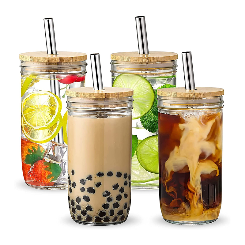 24 унции, банка с широким горлышком, бокалы для питья, чайные чашки Boba Bubble с бамбуковыми крышками и соломинкой