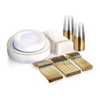 Service de table en or 175 Ct pour 25 invités, assiettes en plastique avec bordure en dentelle dorée, assiettes jetables pour le dîner et le dessert, ensemble de couverts
