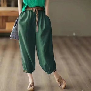Women's Cotton Linen Lantern Pants Green Loose Fit Drawstring Waist Casual Harem Pants Summer 2025 - Product Image 1