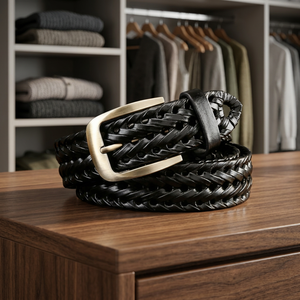 BS INTERNATIONAL Braided Cow Hide Belt <b>Black</b> 138cm Steel Pin Buckle Vintage Eco-Friendly Waterproof Durable 3.8cm Width - Product Image 1