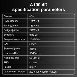 AudioWinner A100.4D Class D 4-Channel 100W 4 Ohm High-Power Digital <strong>Car</strong> <strong>Amplifier</strong> with Crossovers for <strong>Car</strong> Audio Systems - Product Image 4