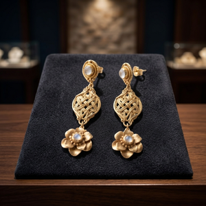 Boucles d'oreilles pendantes en laiton plaqué or avec turquoise sertie closée, motif floral noué, pour femme, anniversaire - Product Image 3