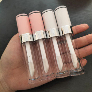 ISMAN Tube de brillant à lèvres rond 5ml avec applicateur grand format, capuchon transparent rose et blanc, anneau argenté, flacon vide pour gloss, <span class=keywords><strong>prix</strong></span> usine - Product Image 1