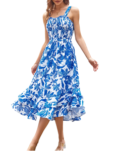 Robes midi imprimées décontractées et sexy à col carré et fines bretelles pour femmes, collection été 2025, écologiques et respirantes, vente en gros - Product Image 1