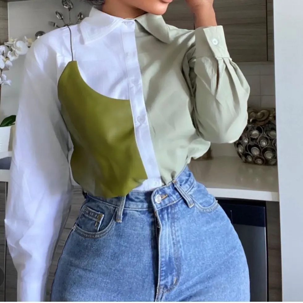 Spring Streetwear Women Tops And Blouse Clothing Patchwork With Pu Color Blocking Turn Down Collar Women'S Shirts And Blouses
