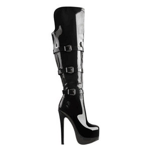 Big Size 46 Women Metal Belt Buckles Over Knee High Boots Ladies Patent Thick Platform <b>Shoes</b> Wide Fit Stiletto Long Booties - Product Image 3