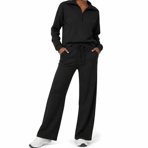 Conjuntos Deportivos al por Mayor para <span class=keywords><strong>Mujer</strong></span>, Conjunto de Dos Piezas, Sudadera con Cierre de Media Cremallera, Pantalones Anchos, Ropa Informal Holgada para Estar en Casa - Product Image 1