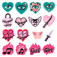 Patch brodé thermocollant Cœur Flamme Rose Vif avec Motif Musical et Aile, Esthétique Y2K, pour Vêtements, Baskets, Sacs, Accessoires DIY pour Filles