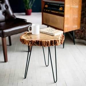 Handmade Live Edge Wooden <b>Side</b> <b>Table</b> with Hairpin Metal Legs <b>Rustic</b> Tree Slice End <b>Table</b> Natural Wood Coffee <b>Table</b> for Living - Product Image 1