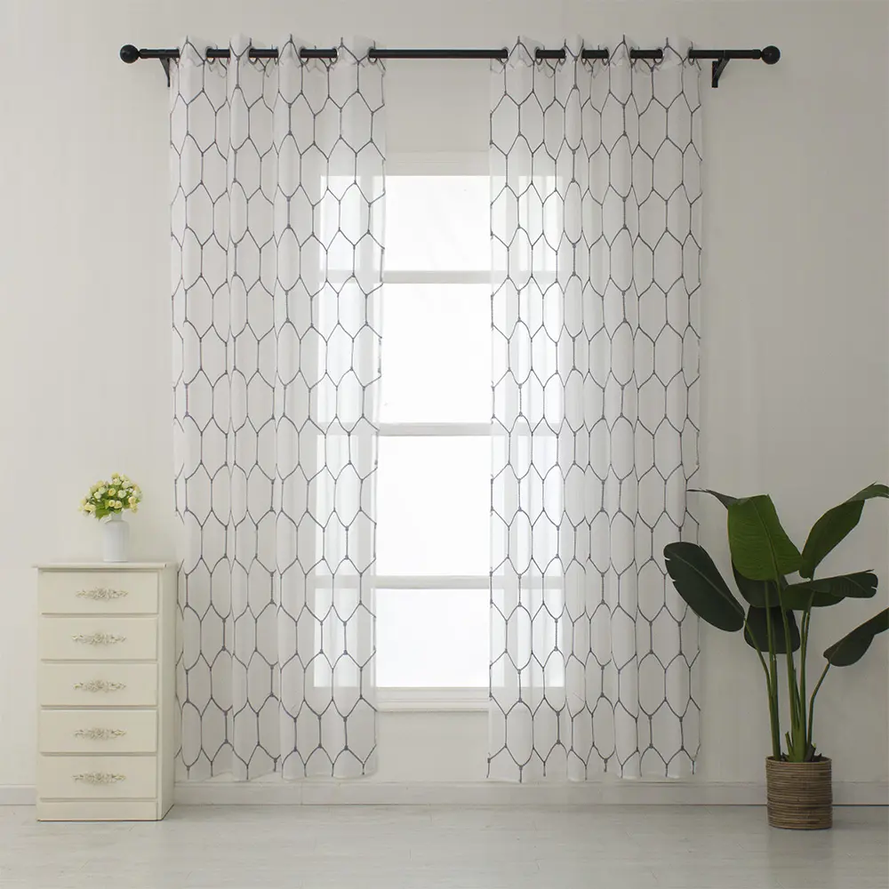 Amazon Supplier Wholesale Hexagon Geometric Embroidered Window Treatment Sheer Tulle Curtains