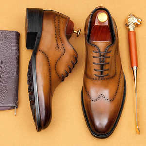 Chaussures habillées pour hommes en cuir véritable, style Oxford, brillantes, à bout pointu, à lacets, couleur unie, pour le travail, toutes saisons, respirantes, semelle extérieure en caoutchouc - Product Image 4