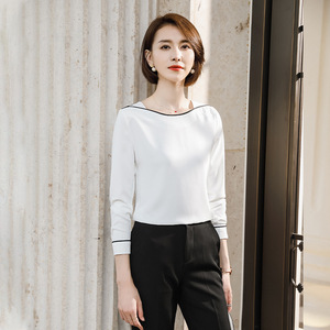 White Long Sleeve Blouse Women Office Wear Contrast Color Splicing Anti-Wrinkle Professional Top Fashionable Trendy Cross-border - Product Image 3