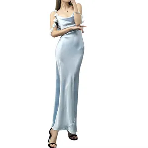 2024 Sommer Neuheit Abendparty-Kleid für Damen glat blau Satin Damenbekleidung elegantes langes Slip-Kleid