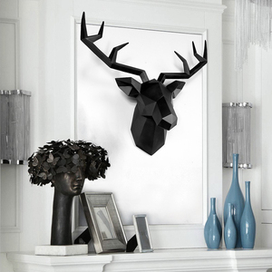 Décoration <span class=keywords><strong>murale</strong></span> tête <span class=keywords><strong>de</strong></span> <span class=keywords><strong>cerf</strong></span> 3D noir et blanc, sculpture <span class=keywords><strong>murale</strong></span> géométrique en <span class=keywords><strong>bois</strong></span> <span class=keywords><strong>de</strong></span> <span class=keywords><strong>cerf</strong></span> noir, fausse tête d'animal en résine - Product Image 3